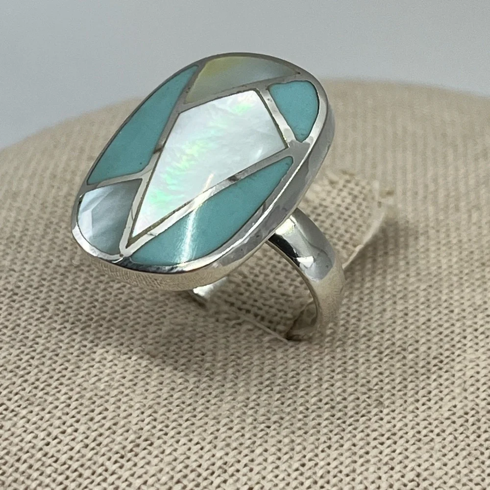 Vintage Thai 925 Sterling Silver Natural Turquoise MOP Inlay Ring Size 6 - Picture 5 of 16